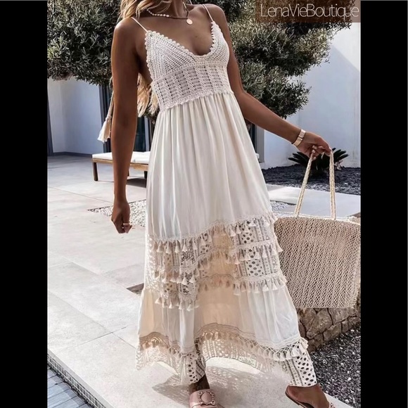 Blush Boho Summer Crochet Maxi, Tassel Adorned, Adjustable Tassel Tie Straps - Picture 10 of 13